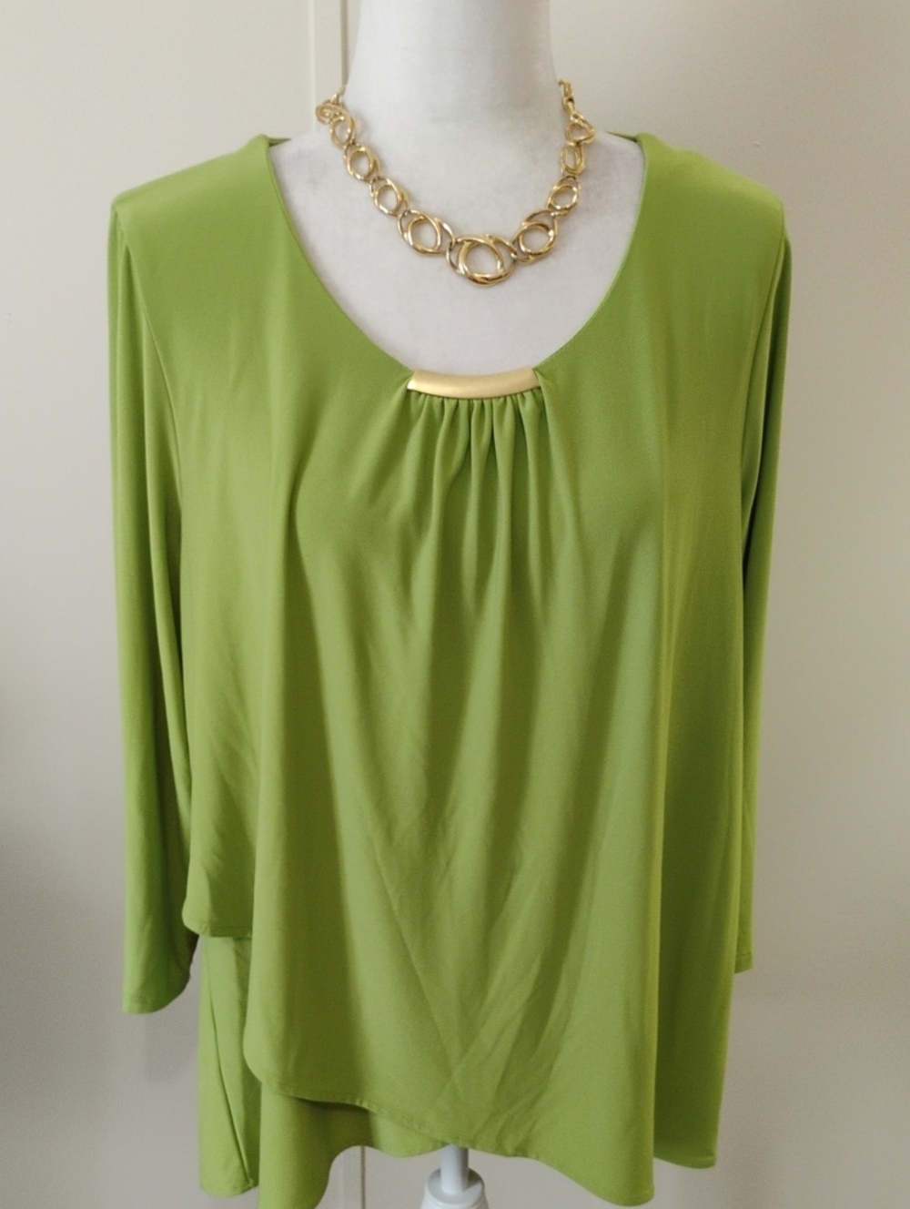 Rafaella Lime Green Long Sleeve Scoop Neck Top with Gold Accent
